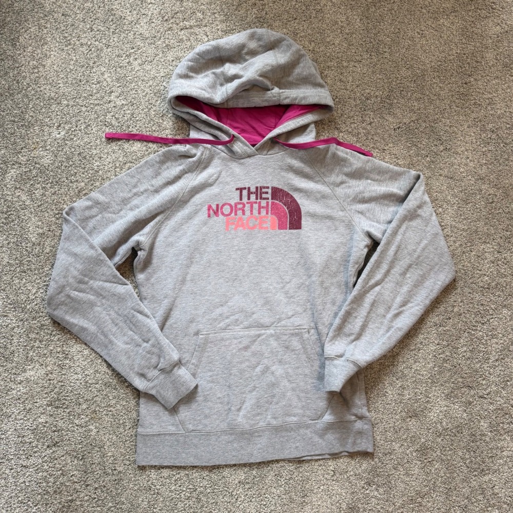 The North Face Womens Gray Pink Logo Pullover Hoodie Sweatshirt Medium